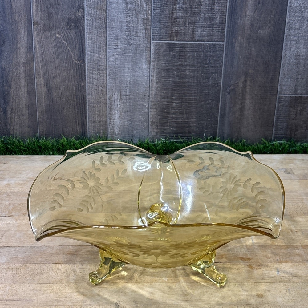 Vintage Lancaster Glass Yellow Etched 3-Footed Console Bowl Centerpiece
